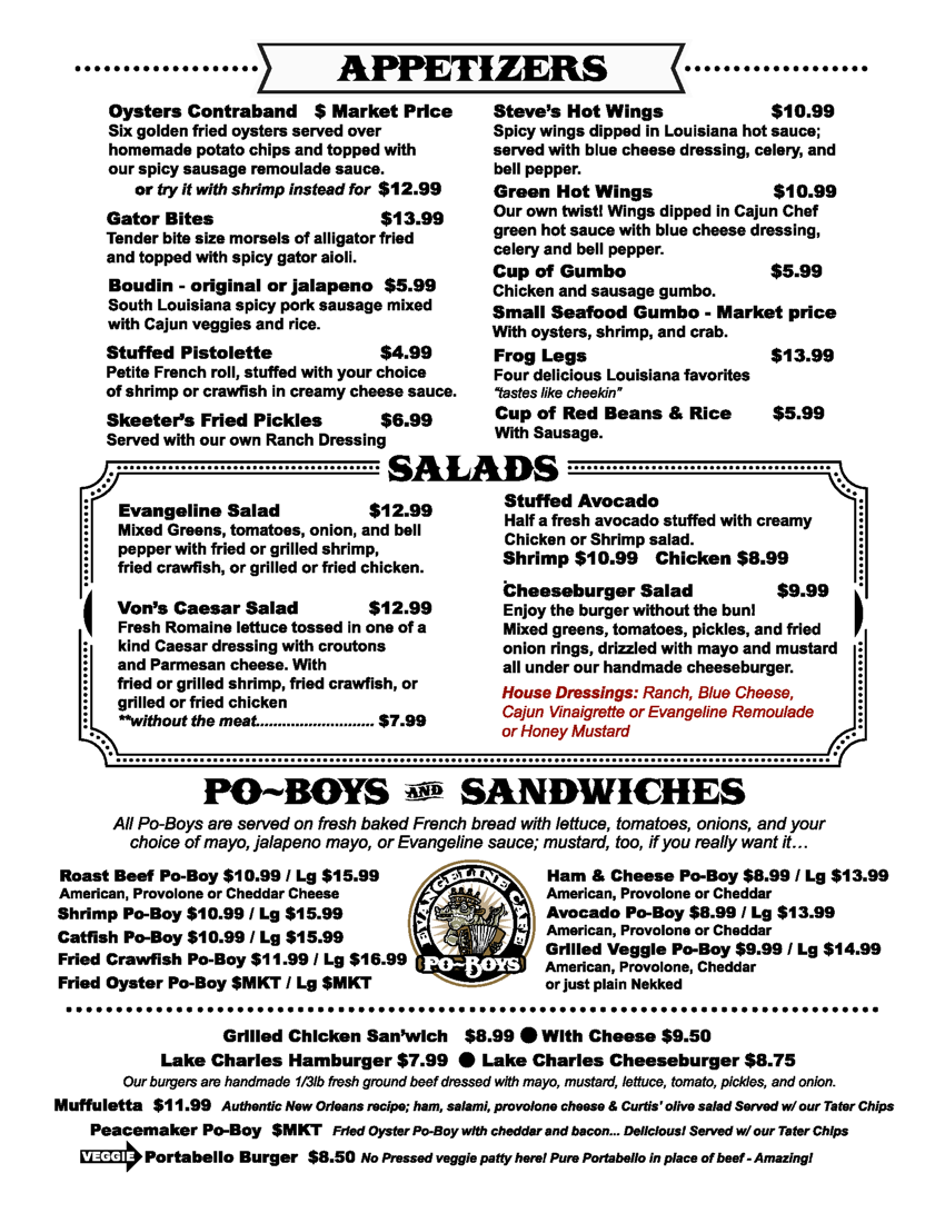 Evangeline Cafe Appetizers, Salads, Po-Boys and Sandwiches Menu